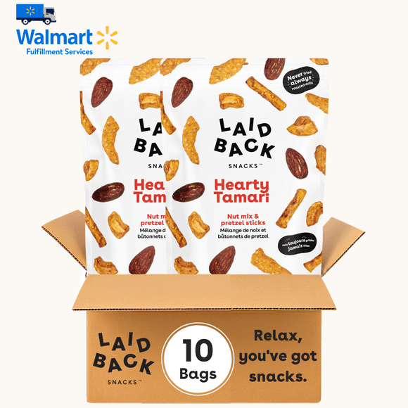 Laid Back Snacks | Mix Hearty Tamari (Almonds, Cashews, Oat bran sesame sticks), 10 x 130 g - Healthy, Guiltless, Low fat, High fiber snack, Chips alternative