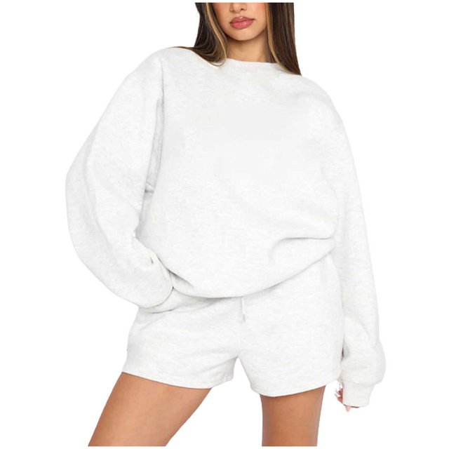 IROINNID Survêtement pour Femmes Ensemble 2 Pcs Col Rond Réduit Chandail à Enfiler Manches Longues Chandail Ample Décontracté Ensemble de Shorts Tenue de Sport, Blanc