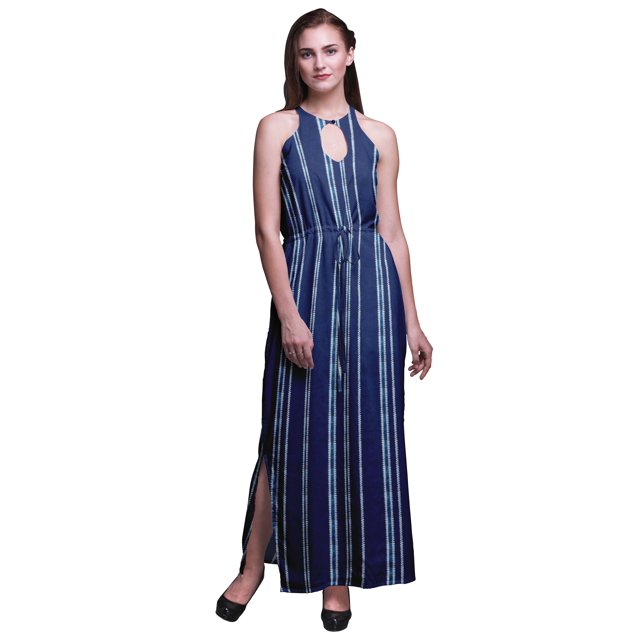 Bimba Robe Maxi Shibori pour Femmes Sans Manches à Col Ras du Cou, Dos Nu, avec Fentes Latérales - Grande