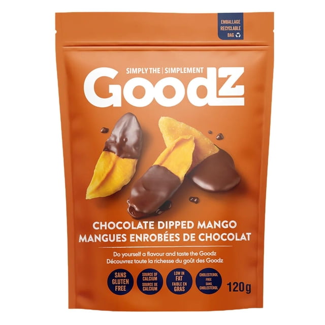 Chocolate Dipped Mango by Goodz in a resealable orange pouch featuring three dried mango slices partially coated in dark chocolate, gluten free, source of calcium, low in fat, cholesterol free, 120g recyclable packaging, often used as a healthy snack.