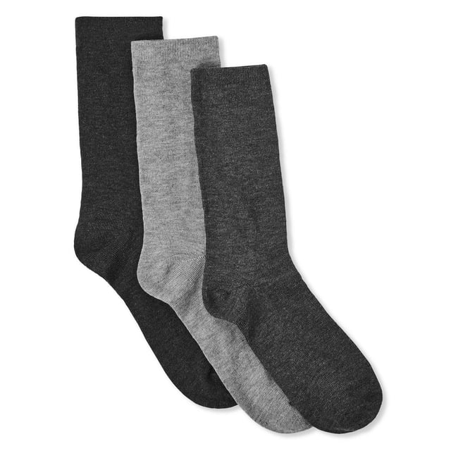 George Women's Crew Socks 3-Pack including three pairs of crew-length socks in dark charcoal, light grey, and medium grey, crafted from 98% polyester and 2% spandex for comfort and stretch, machine washable, suitable for casual wear and layering in cooler Canadian weather.