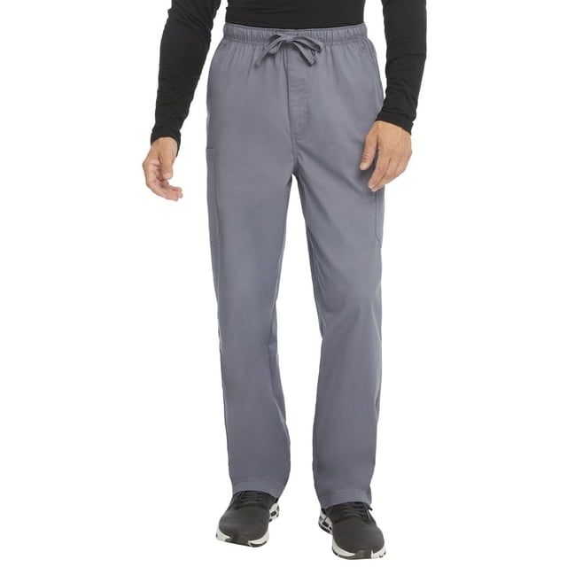 Scrubstar Pantalon à Enfiler Core Essentials pour Homme en Gris avec Taille Élastique et Cordon de Serrage Ajustable, Braguette Zippée à l'Avant, Deux Poches avant, Deux Poches cargo et une Poche Arrière, Fabriqué en Popeline de Coton Brossée Respirante, Conçu pour les Professionnels de la Santé Masculins et Adapté aux Tenues Décontractées, Montré à l'Avant avec des Chaussures Noires et un Haut Noir à Manches Longues.