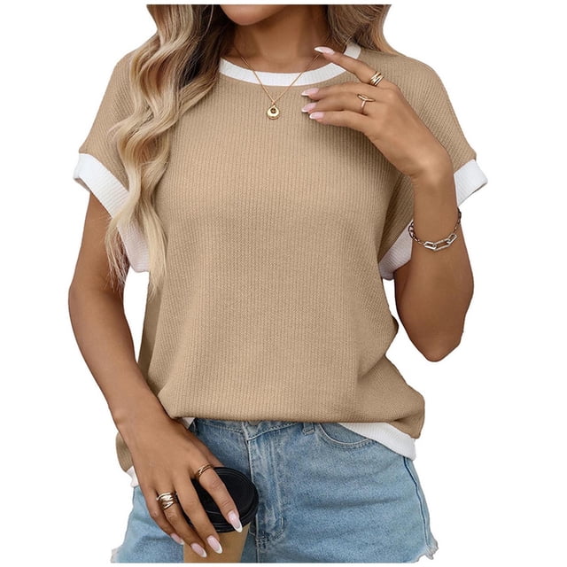 FRSASU Chandail à Manches Courtes pour Femmes Col Ras du Cou Hauts d'Été Tendance Voyage Tenue de Bureau Décontractée Chandail Kaki m(m)