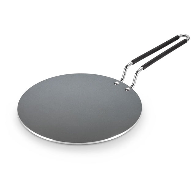 Utsava 10.5 Inch Tri-Ply Clad Stainless Steel Ceramic Nonstick Concave Dosa Tawa with a smooth grey ceramic nonstick surface and ergonomic stainless steel handle with black silicone grip, ideal for cooking dosas, rotis, and shallow frying on all stovetops including induction.
