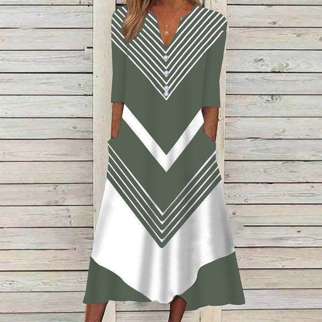 Pisexur Robe à Manches Courtes à Col en V Longueur Genou Mode Femmes Été Imprimé Décontracté Col en V Bouton Manches Courtes Vacances Poches Robe Femmes Robe