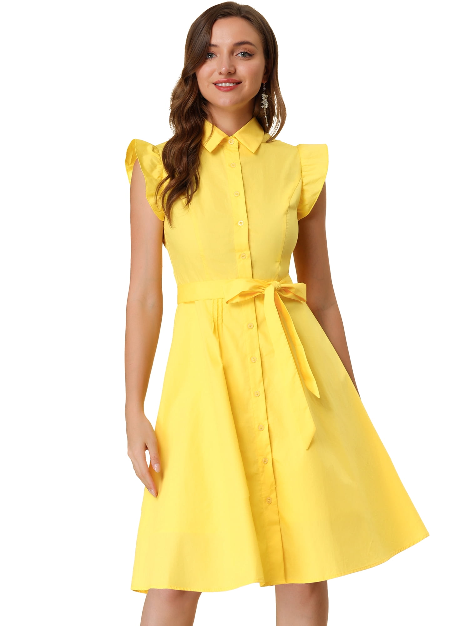 INSPIRE CHIC Robe-Chemise pour Femme Manches Cap Pointes Col à Pointes Taille à Nouer Boutons Mi-Longue Jaune m