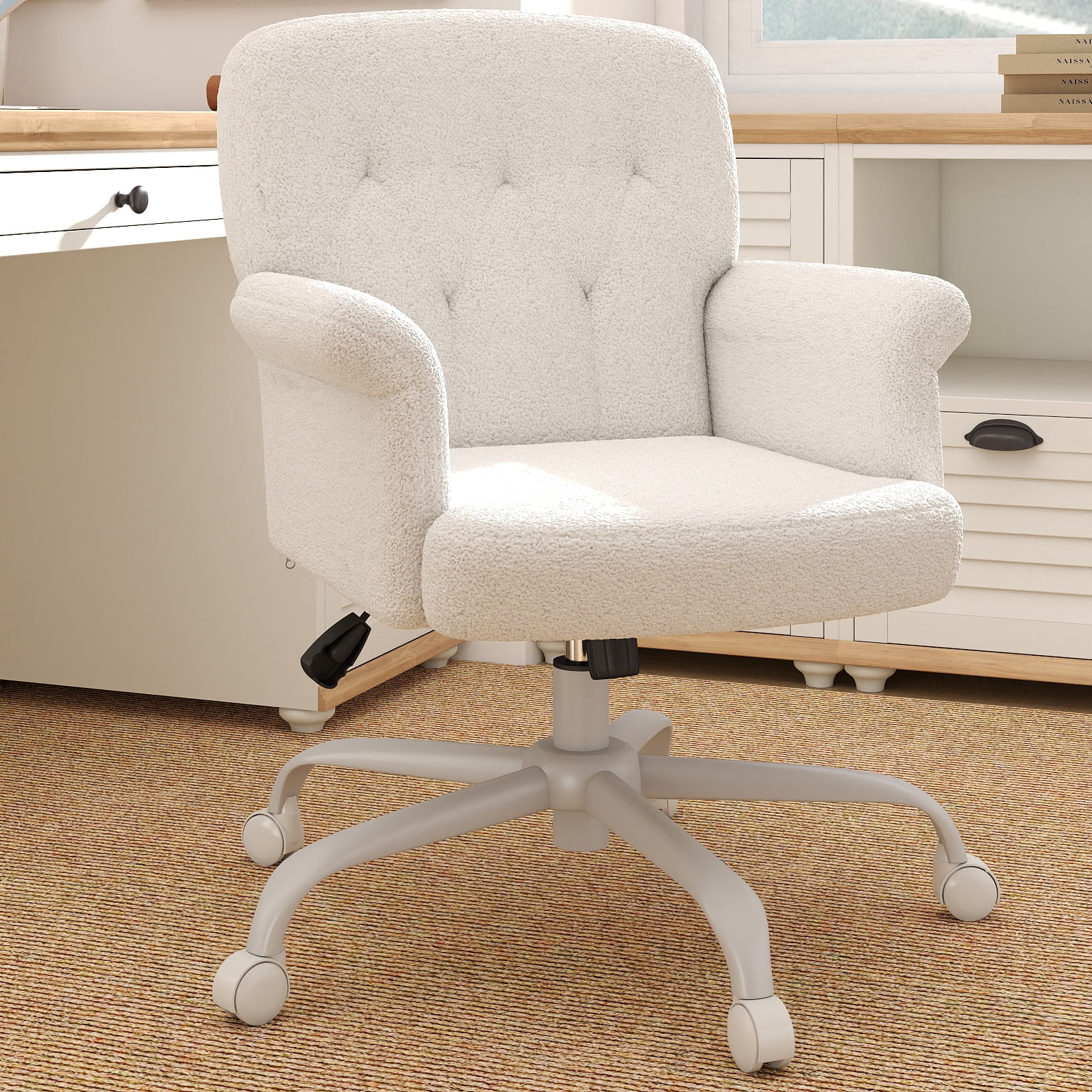 Comfy Home Office Desk Chair, Upholstered Fuzzy Vanity Chair with Wheels and Arms, Adjustable Height 360° Swivel Computer Seat for Living Room, Bedroom, Makeup, Teddy Fleece,White
