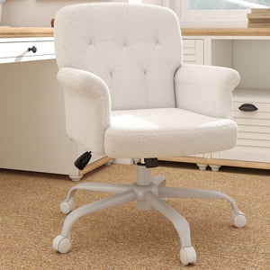 Comfy Home Office Desk Chair, Upholstered Fuzzy Vanity Chair with Wheels and Arms, Adjustable Height 360° Swivel Computer Seat for Living Room, Bedroom, Makeup, Teddy Fleece,White
