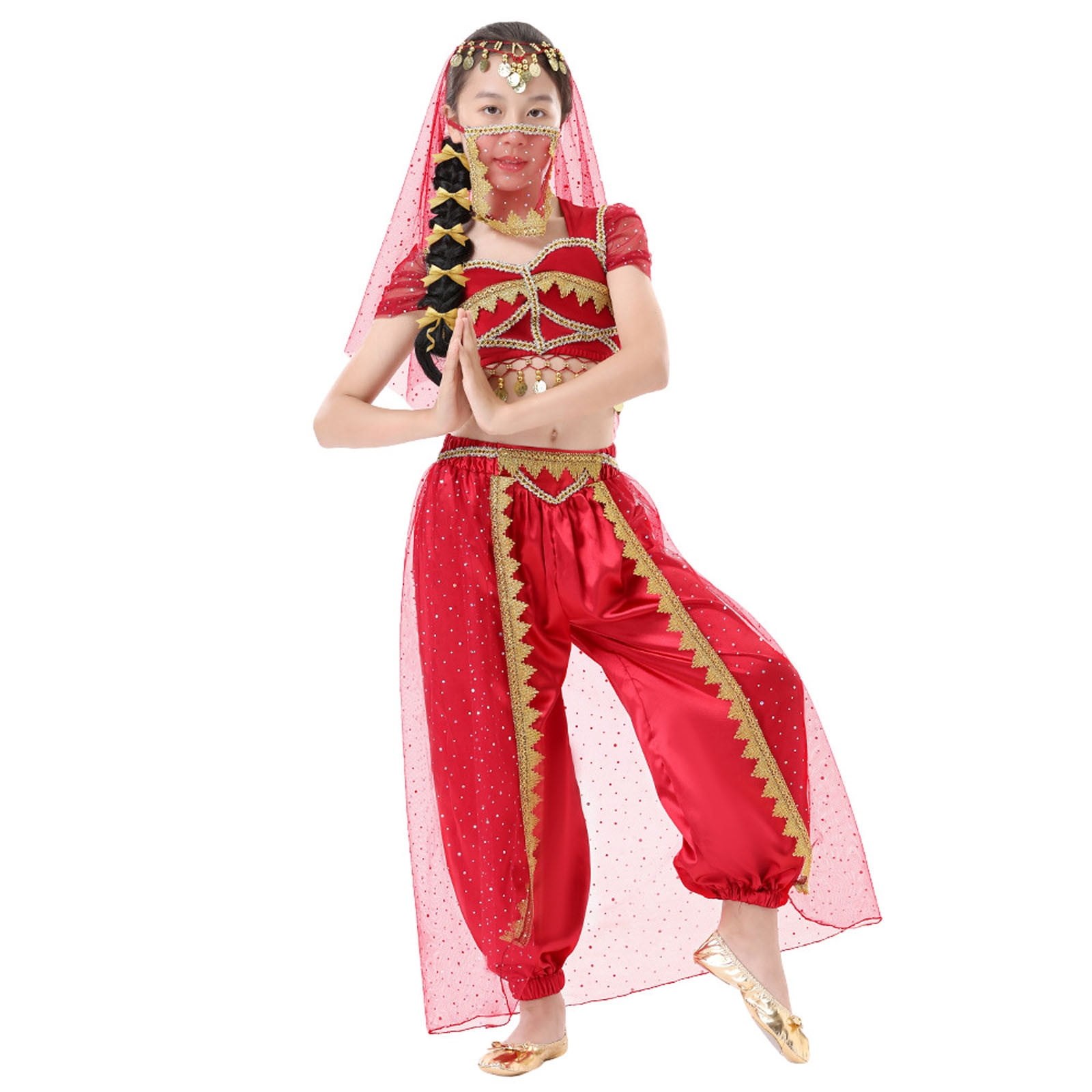 TZEWGL 2 Piece Belly Dancing Dance Top And Pants Sets For Child Performance Wear For Kids size 6-7T
