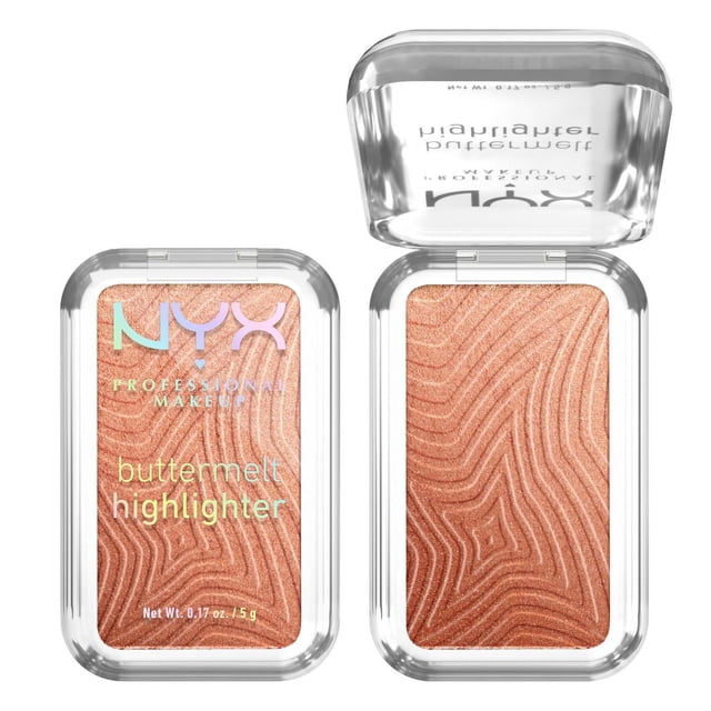 NYX Professional Makeup Buttermelt Powder Highlighter, Buildable & Buttery Soft Creamy Finish — close-up, front-facing compact showing a cream-to-powder highlighter with reflective shimmer and NYX label; buildable glow for cheekbones, cupid's bow, brow bone, inner corner and nose bridge; often used to add shimmer to lip gloss for extra dimension.