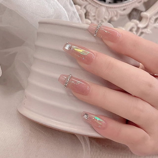 HLONK 24Pcs Gel Press on Nails Gel French Long Fake Nails Press on Tips With Glue Rhinstone with Butterfly NO.13