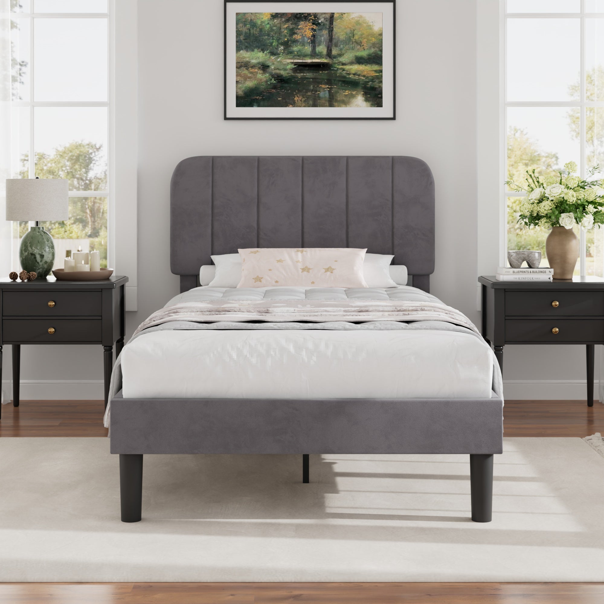 VECELO Twin Size Upholstered Beds, Modern Platform Bed Frame with Adjustable Headboard, Wooden Slats Support/No Box Spring Needed, Dark Grey