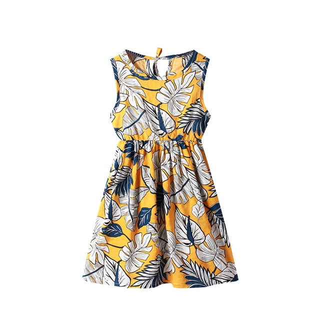 2025 Robes Filles Col Ras du Cou Été Sans Manches Robes d'Été Robes pour Plage Décontractée Robe à Imprimé Floral 18-24