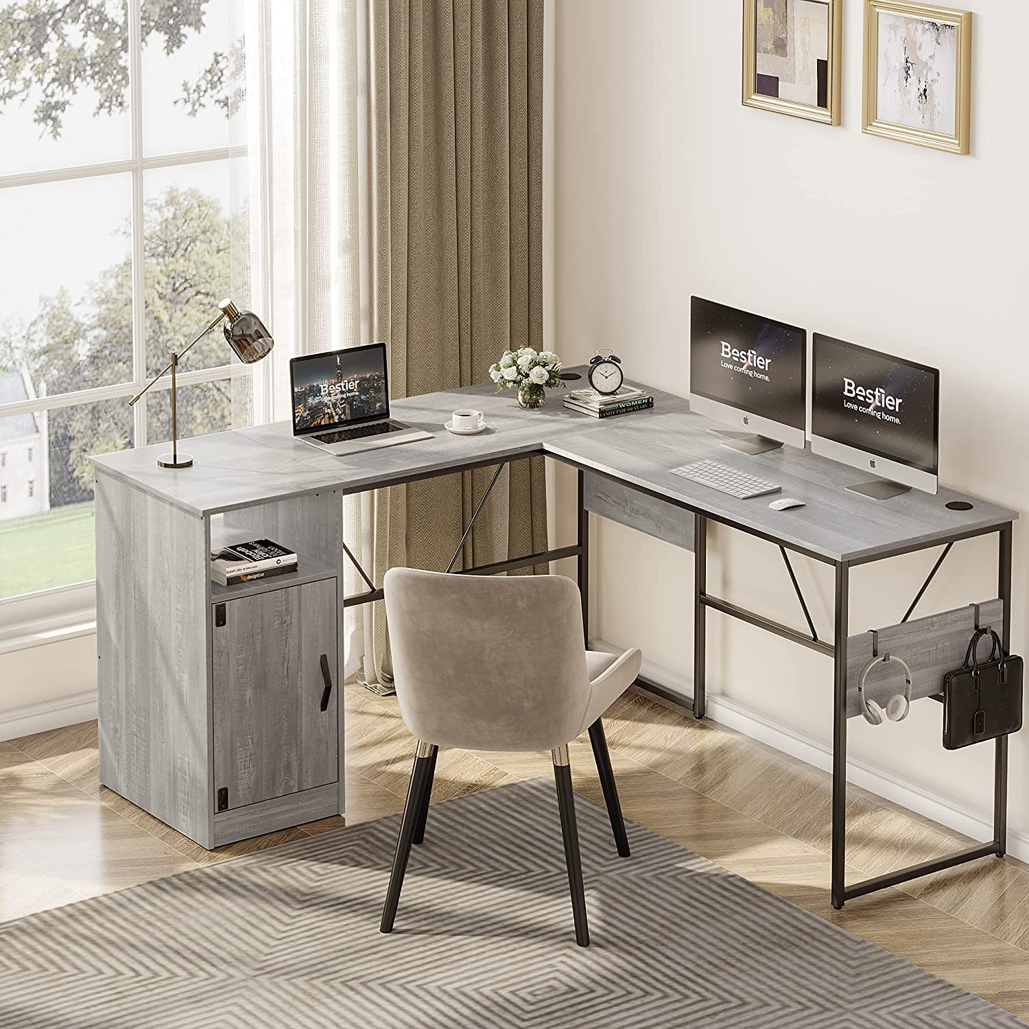 Bestier Reversible 60 inches L Shaped Computer Desk with Storage Cabinet Office Desk for 2 Person