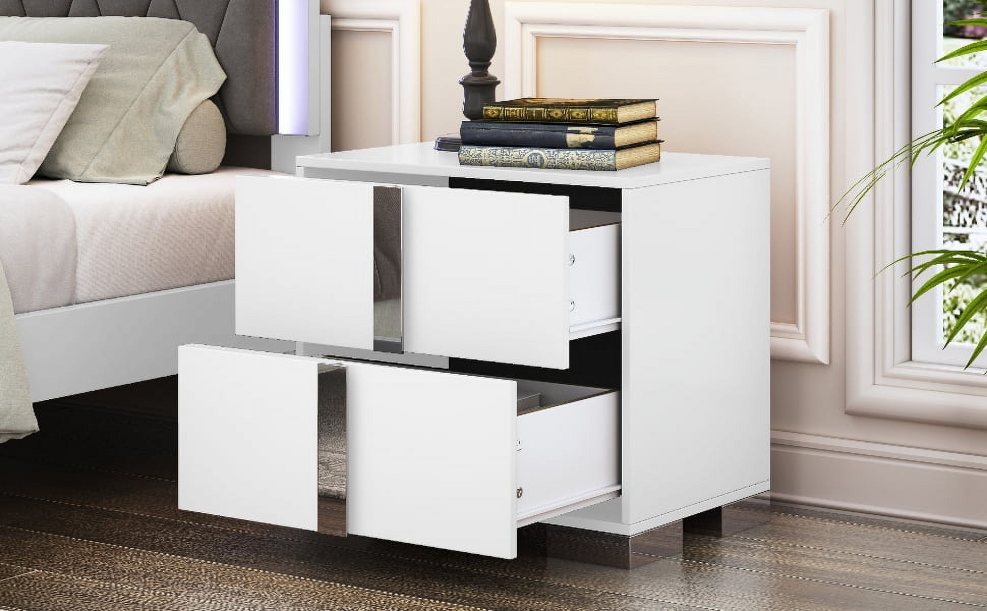 Noble House Elegant Nightstand with Metal Foot, Mirrored Bedside Table, White