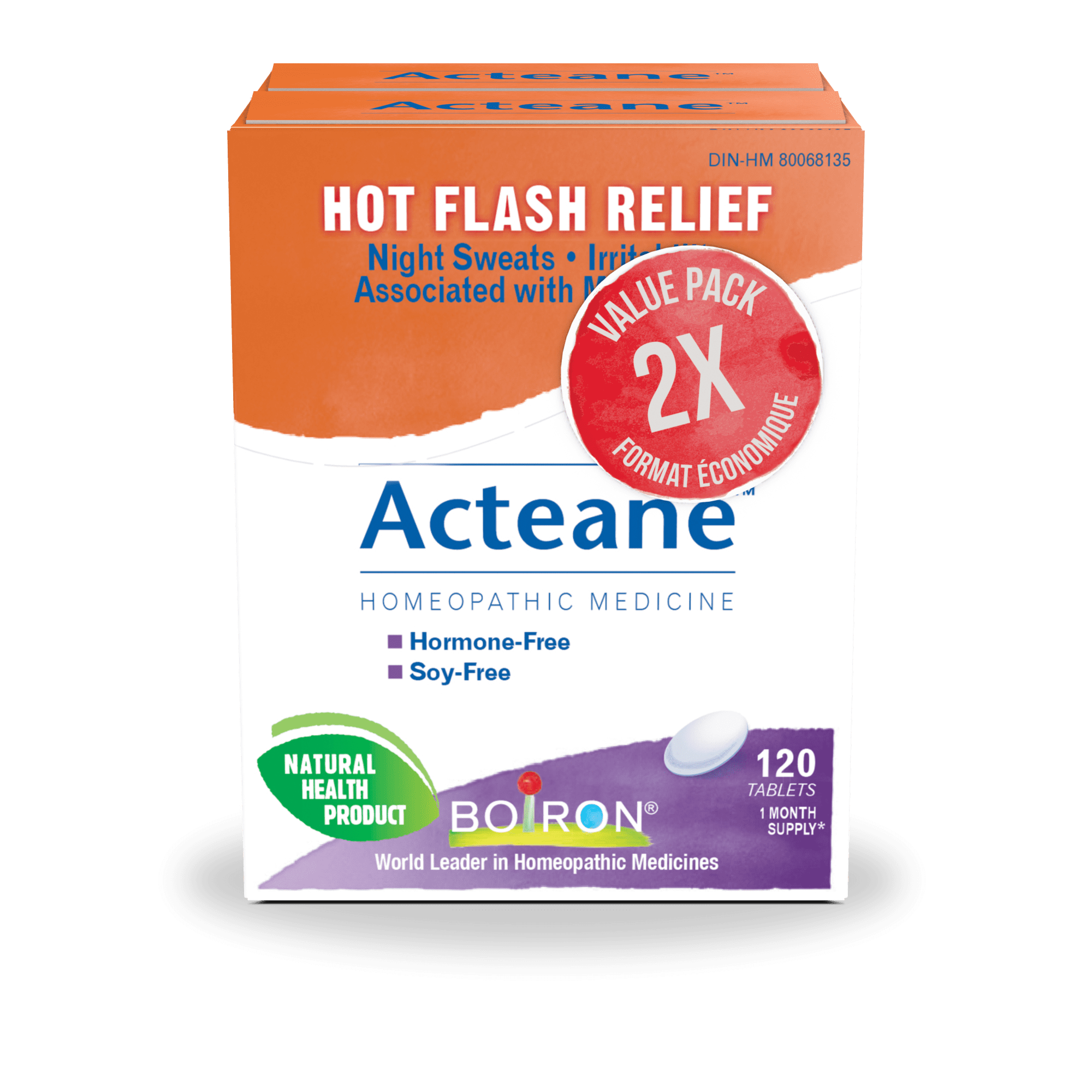 Boiron Acteane – Homeopathic Medicine for Relief of Perimenopause & Menopause Symptoms (Hot Flashes, Night Sweats, Sleep Disorders, Headache, Irritability & Mood Swings) 2×120 Tablets 240 Count
