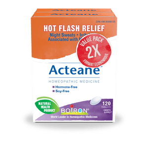 Boiron Acteane – Médecine homéopathique pour soulager la périménopause & Symptômes de la ménopause (éclairs chauds, sueurs nocturnes, troubles du sommeil, maux de tête, irritabilité) & Échangistes d'humeur) 2×120 Comprimés 240 Nombre