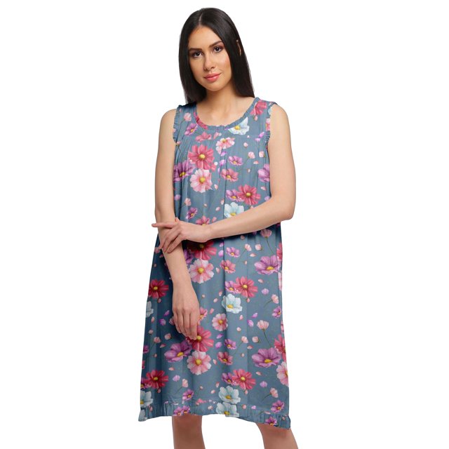 Moomaya Robe de Nuit Trapèze Sans Manches Imprimée pour Femme en Coton