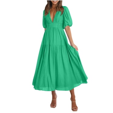 HVOBTTY Robes d'Été Décontractées à Manches Courtes pour Femmes, Robe Longue Décontractée pour Dames à Manches Bouffantes, Col en V, Vert Armée, TG