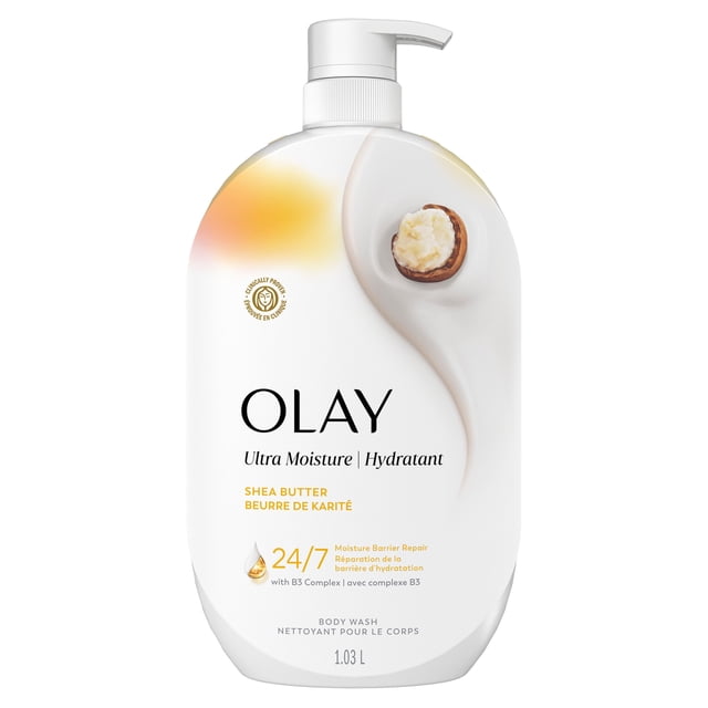 Olay Ultra Moisture Body Wash with Shea Butter, Vitamin B3 and Hyaluronic Blend in a 1.03 L white pump bottle featuring a creamy swirl design and shea nut image, formulated for 24/7 moisture barrier repair and hydration suitable for all skin types.