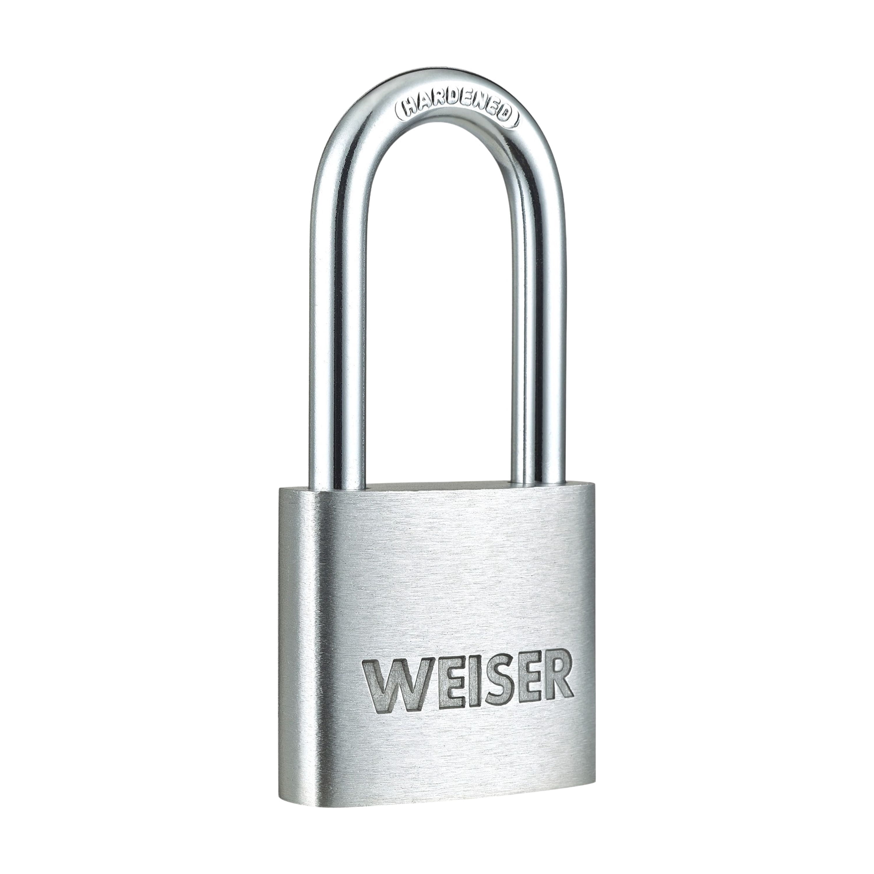 Cadenas Weiser en aluminium avec clé et anse en acier trempé, pour usage intérieur et extérieur, idéal pour le rangement. Corps de 40 mm (1-9/16 po), anse de 22 mm (7/8 po).