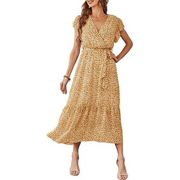 Women's Floral Boho Dress Wrap V Neck Short Sleeve Belted Ruffle Hem A-Line Flowy Maxi Dresses