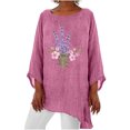 thumbnail image 1 of Birdeem Womens 3/4 Sleeve Round Neck Cotton Linen Shirt Personalized Print Tops Loose Irregular Hem Blouse, 1 of 1