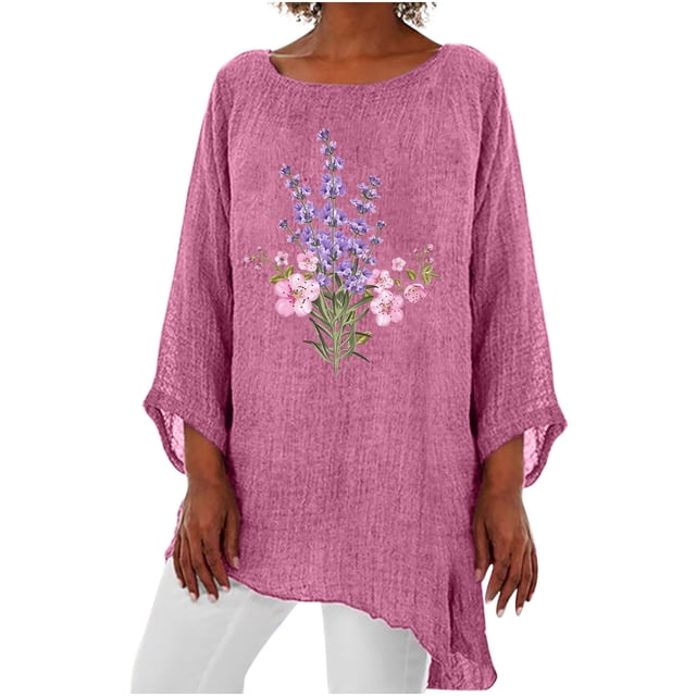Birdeem Womens 3/4 Sleeve Round Neck Cotton Linen Shirt Personalized Print Tops Loose Irregular Hem Blouse
