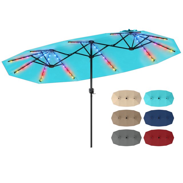 Costway Double-Sided Patio Umbrella with Color-Changing Flowing Solar LED Lights Crank Lift Turquoise