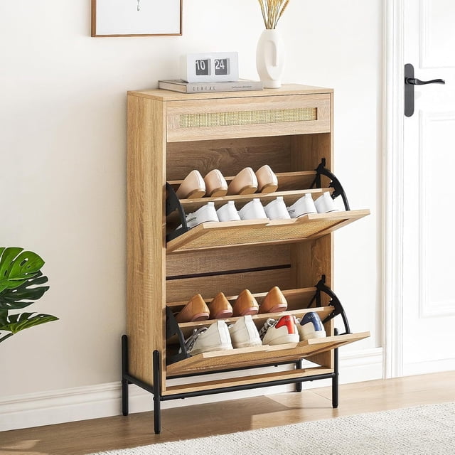 Bingirl Slim 24-Inch Rattan Shoe Storage Cabinet - Freestanding with Flip-Down Compartments and Drawer, Hidden Shoe Storage Organizer with Adjustable Shelves, Natural Finish
