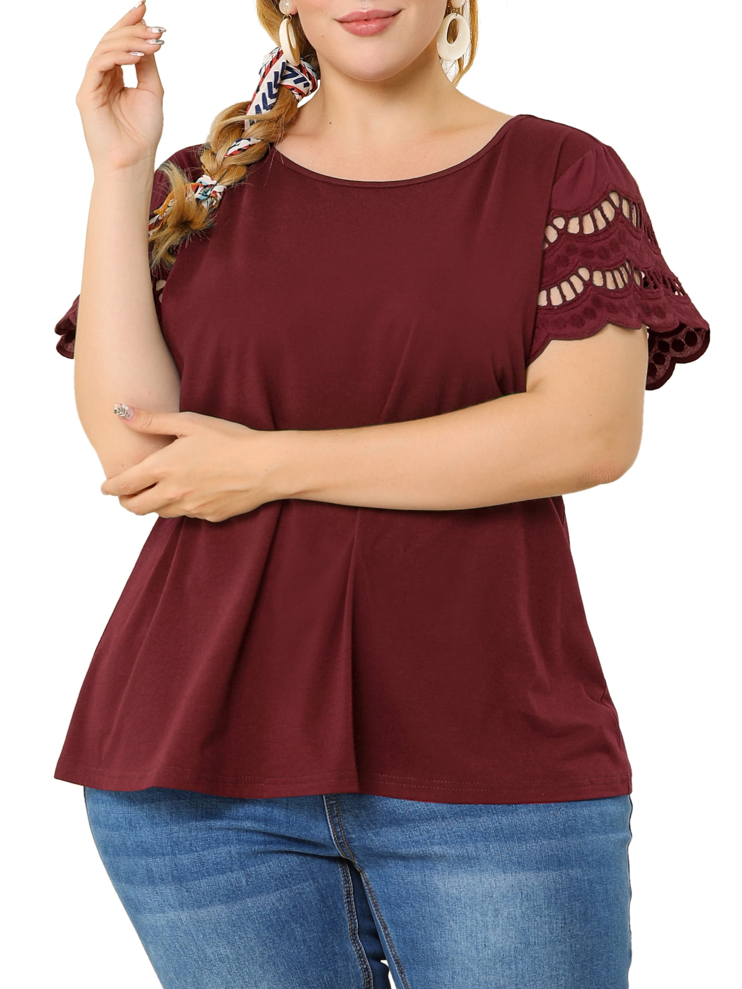 Agnes Orinda Women's Plus Size Tops Lace Panel Short Sleeves Spring Summer Solid Work Blouses 1X Wine Red