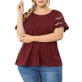 thumbnail image 1 of Agnes Orinda Women's Plus Size Tops Lace Panel Short Sleeves Spring Summer Solid Work Blouses 3X Wine Red, 1 of 7