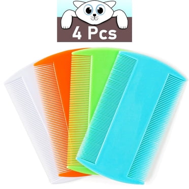 Multi-purpose Pet Grooming Kit, Fine Tooth Flea Comb for Removing Lice & Dandruff from Dogs Cats Puppies Kittens, 4 Pcs with Rubber Handle for Easy Grip & Anti-slip