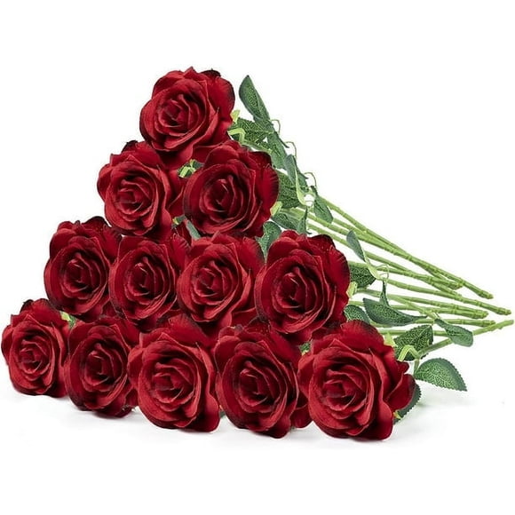 Mocoosy 12 Pcs Roses Artificielles Fausses Fleurs pour Décoration, Roses Rouge Foncé à Tige Simple Fleurs Artificielles Roses en Soie Bouquet de Fleurs pour Arrangement Floral de Mariage Centre de Table de Fête Décoration de Table à la Maison