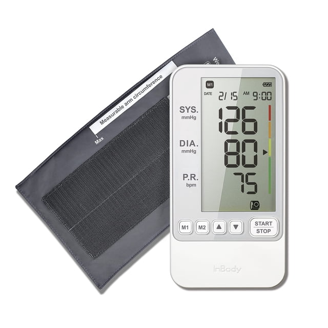 InBody at-Home Automatic Blood Pressure Monitor BP170 featuring a one-touch cuff and a large digital display. The monitor includes a grey adjustable arm cuff (22-32 cm) and a widescreen display showing systolic, diastolic, and pulse readings with a colour-coded scale. Designed for home and professional use, it offers oscillometric measurement with high accuracy and stores up to 100 readings for two users.