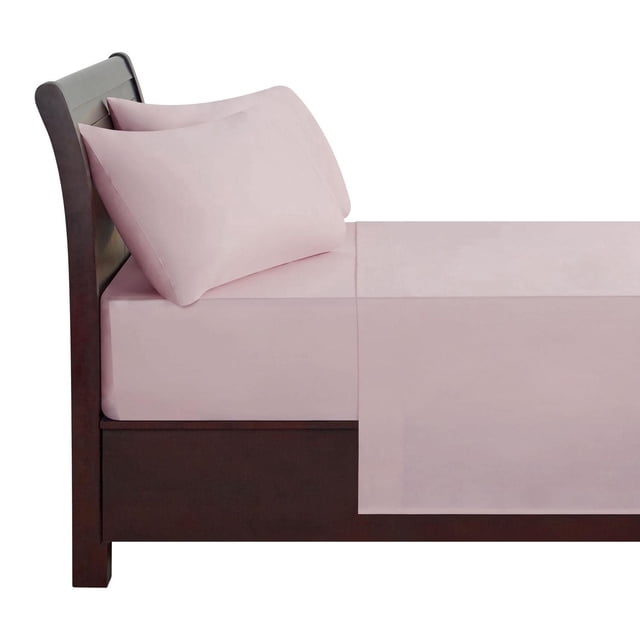 hometrends Ensemble de Draps 100 % Coton, 400 Fils - Satin Rose Pâle sur Cadre de Lit en Bois Foncé, Comprenant un Drap-Housse, un Drap Plat et Deux Taies d'Oreiller en Satin de Coton Respirant, Résistant aux Plis et à la Décoloration, avec Technologie d'Ajustement à Prise Véritable pour un placement Sécurisé.