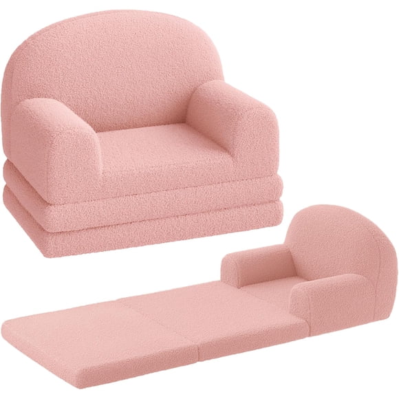 Ourlova Kids Couch 2-in-1 Comfy Toddler Couch Fold Out Convertible Sofa to Lounger Foam Kids Chair with Soft Sherpa Gift for Girls and Boys (Pink Moon)