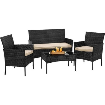 BestOffice Outdoor Rattan Wicker Loveseat Patio Furniture Set with Coffee Table and Cushions, Brown