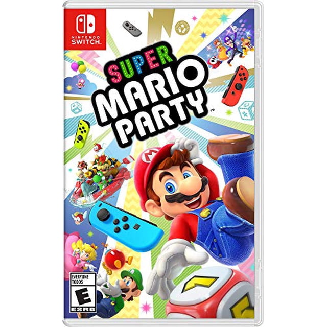 Cover art for Super Mario Party, a Nintendo Switch game by Nintendo. The design features vibrant characters like Mario, Luigi, and Yoshi, along with Joy-Con controllers and a colourful background. The game supports TV and Tabletop modes, includes character-exclusive Dice Blocks, and offers multiplayer gameplay for up to 4 players. Rated Everyone by ESRB with mild cartoon violence.