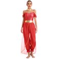 thumbnail image 2 of TiaoBug Womens Shiny Sequins Off Shoulder Jumpsuit with Choker Flowy Tassel Rompers One Piece Outfits Red M, 2 of 6