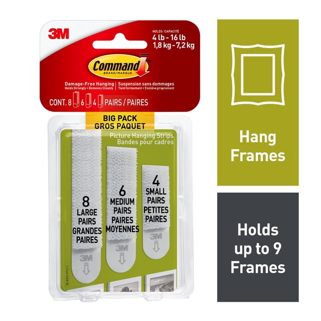 Command™ Bandes Suspendues Assorties pour Photos, Grand Paquet avec 18 Paires de Bandes Adhésives Blanches en Grandes, Moyennes et Petites Tailles pour une Suspension Sans Dommages de Cadres Photo Pesant de 4 à 16 Lb sur Diverses surfaces, Convient au Montage Facile des Cadres Sans Clous