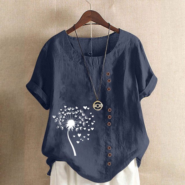 Jusqu'à 50 % de Rabais Horkkom Chemises à Manches Courtes pour Femmes Été Grande Taille Chemises en Lin Décontractées Col Rond Imprimé Floral Hauts Amples