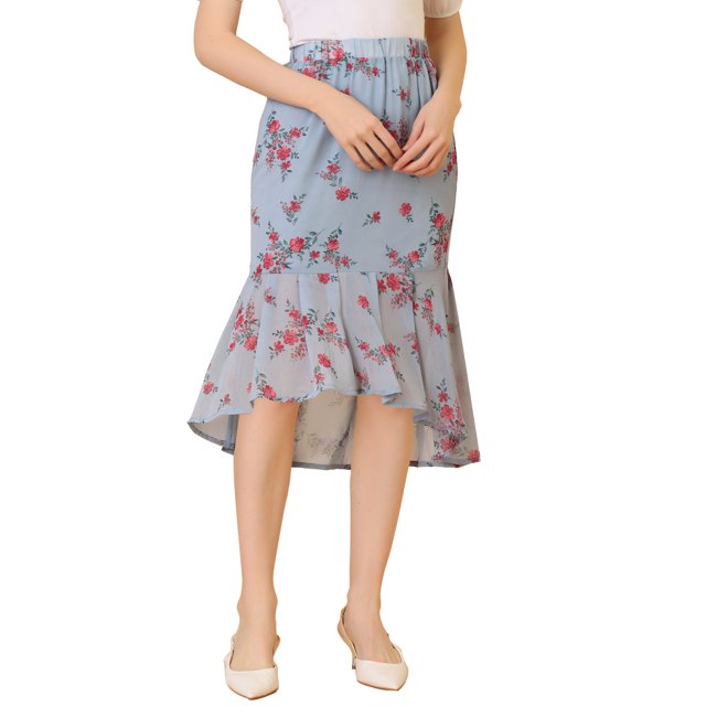 INSPIRE CHIC Women's Floral High-Low Elastic Waist Ruffle Hem Flowy Midi Chiffon Skirt