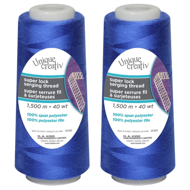 UNIQUE CREATIV TRULOCK Serging Thread in blue, 100% spun polyester, 40 wt, 1500 m cone, two upright spools with white labels showing product specs and overlock stitch illustration, ideal for sewing, serging, and professional edge finishes on knits and wovens.