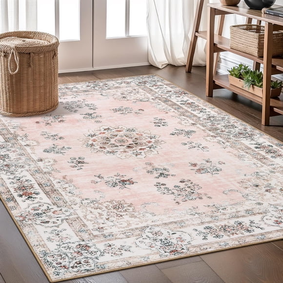 Lahome Washable Pink 5x7 Area Rugs for Bedroom Girls Nursery, Boho Soft Floral Print Area Rug for Living Room Apartment, Non-Slip Carpet for Aestheti