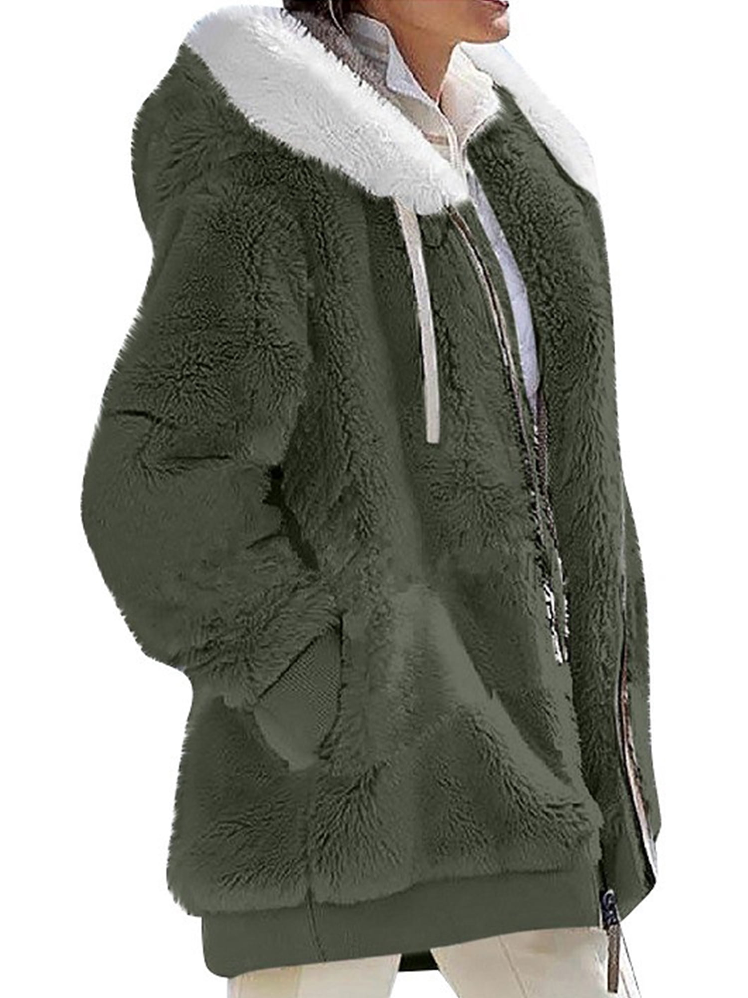 MAWCLOS Ladies Thickened Solid Color Hooded Cardigan Winter With Pockets Sherpa Coat Army Green M