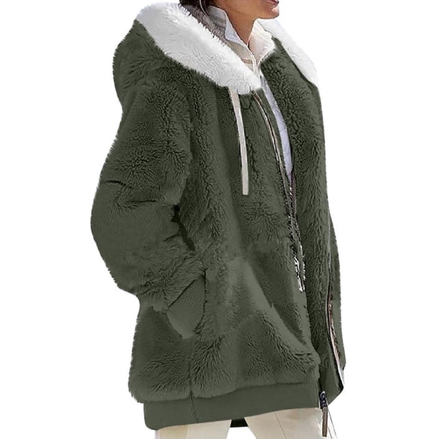 MAWCLOS Ladies Thickened Solid Color Hooded Cardigan Winter With Pockets Sherpa Coat in Army Green, size S. This women's fuzzy fleece jacket features a hood with white sherpa lining, long sleeves, a front zipper closure, and two large side pockets. Made from 65% polyester and 35% cotton, it offers warmth and comfort for autumn and winter. The relaxed fit and hip-length design make it suitable for casual outings, traveling, or everyday wear.