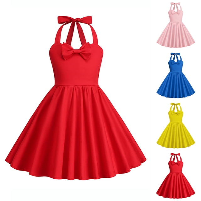 Zwiiyzr 3-8 Years Girls 1950S Vintage Dresses Summer Halter Neck Solid Colour Retro Dresses Pink