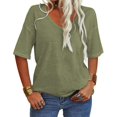 thumbnail image 1 of Danedvi Femmes Mode V-Cou Manches Mi-Longues T-Shirt Solide Décontracté Lâches Basiques Armée Vert, 1 of 4
