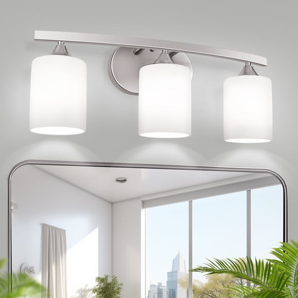 3-Light Bathroom Light Fixture with Milk Glass Shades ,YANSUN Modern Stylish Vanity Lighting Fixtures For Bathroom,Chrome and White